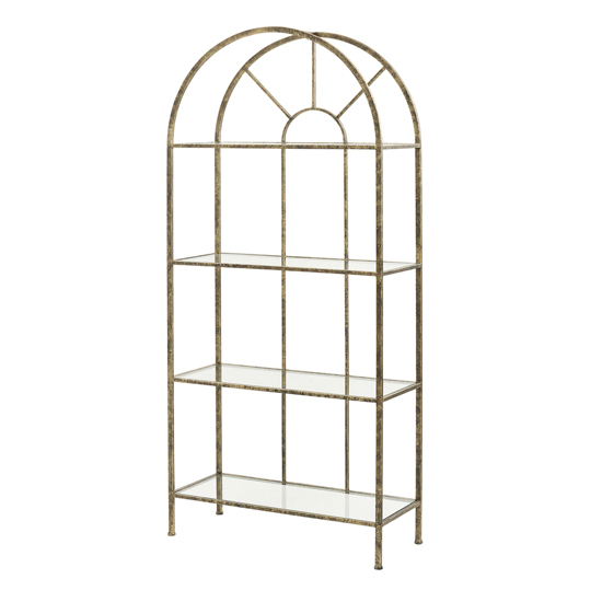 Heidi Glass Shelving Unit In Antique Gold Metal Frame FiF