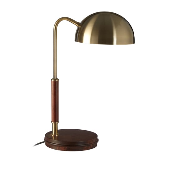 Heko Table Lamp In Antique Brass With Walnut Round Wooden Base