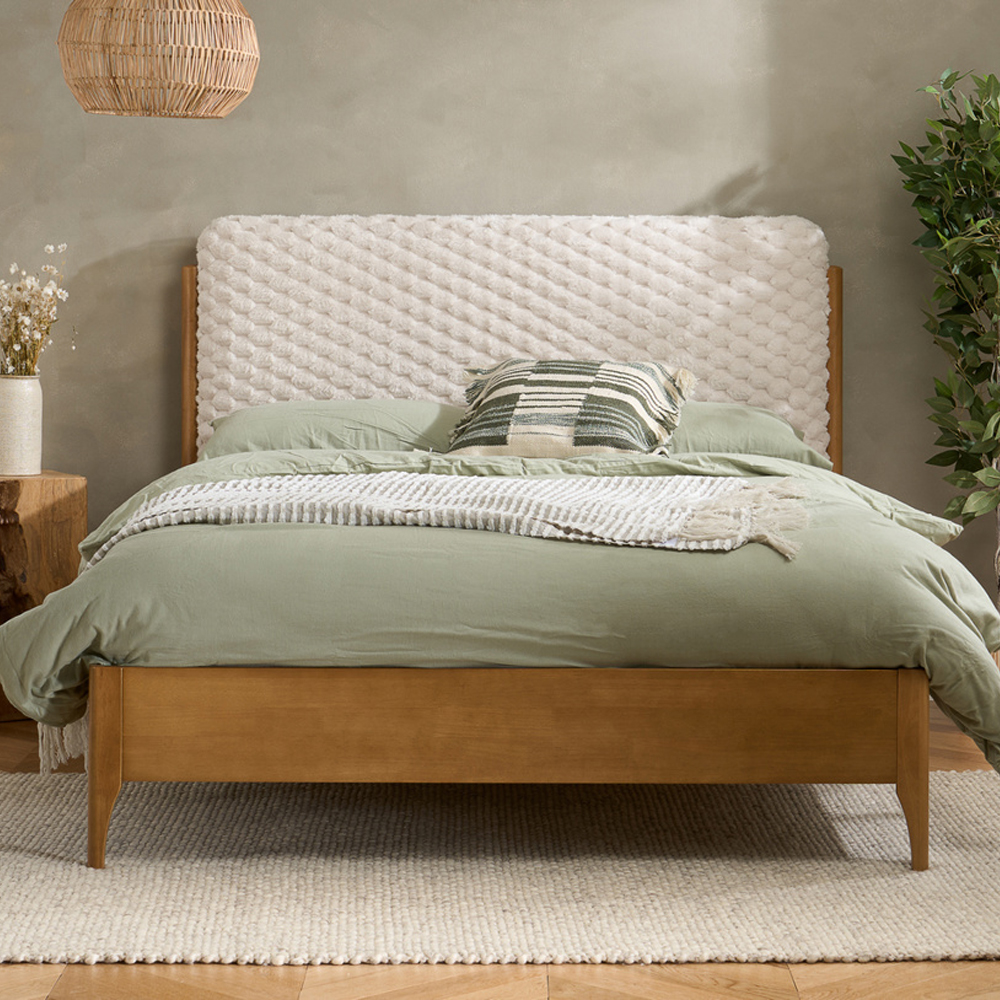 Helena Fabric Double Bed With Wooden Frame In White And Oak