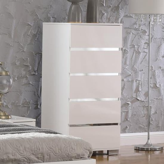 Product photograph of Helena High Gloss Chest Of 5 Drawers Narrow In White from Furniture in Fashion
