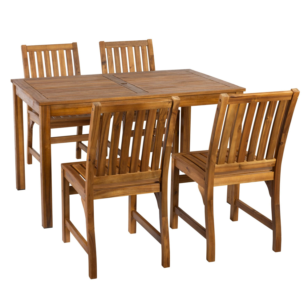 Helena Outdoor Rectangular Solid Acacia Wood Dining Table with 4 Side Chairs in Brown