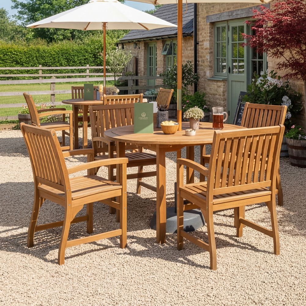 Helena Outdoor Round Solid Acacia Wood Dining Table with 4 Armchairs in Brown