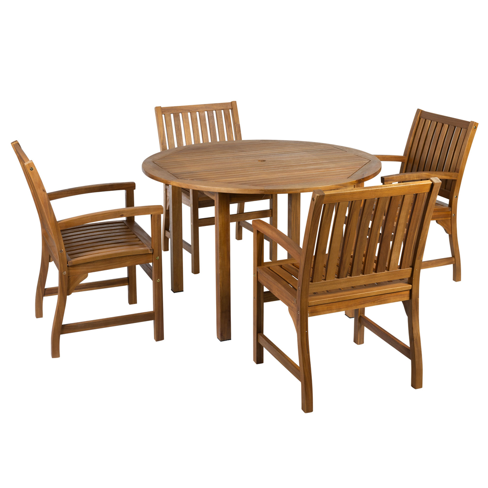 Helena Outdoor Round Solid Acacia Wood Dining Table with 4 Armchairs in Brown