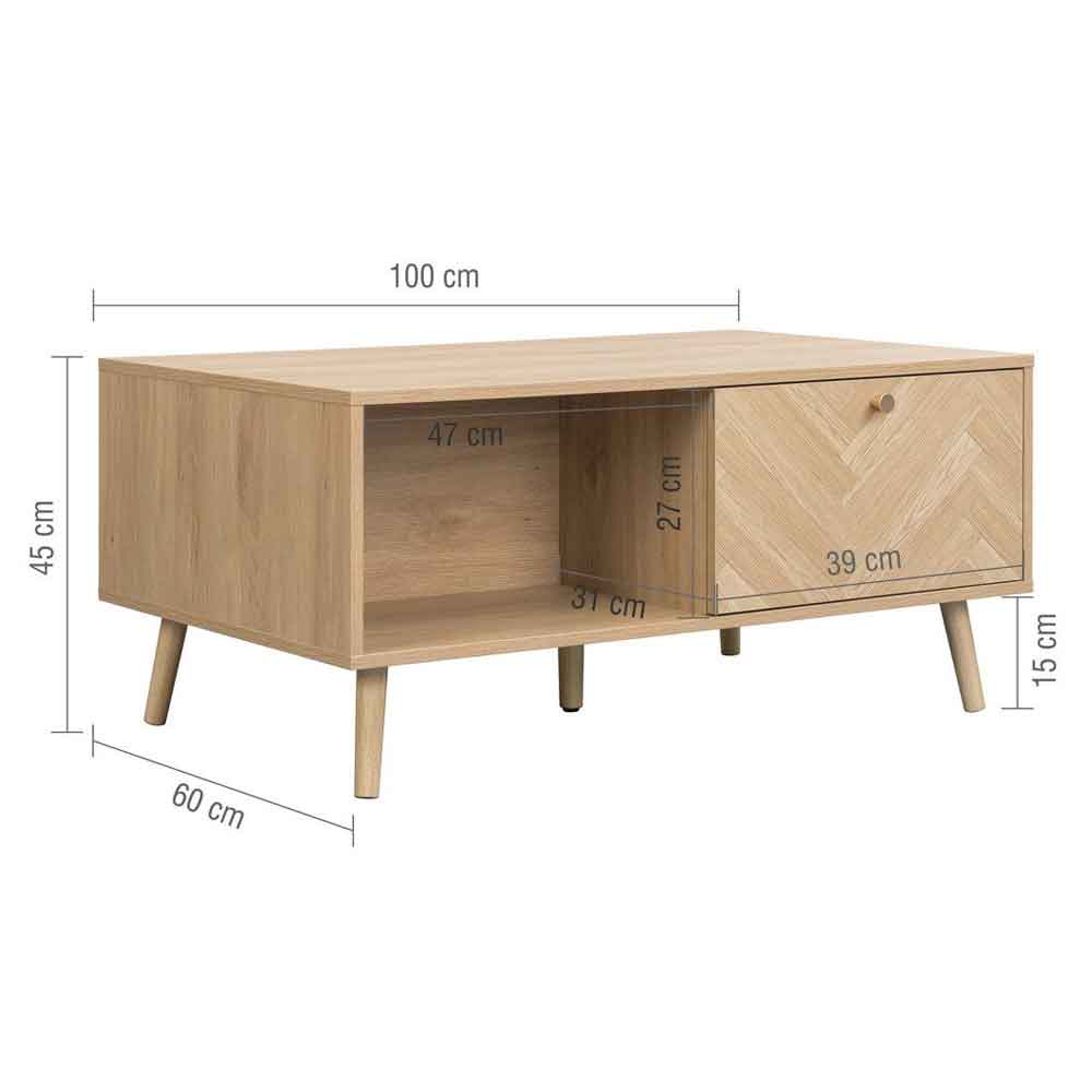 Helena Wooden Coffee Table with 1 Drawer in Oak