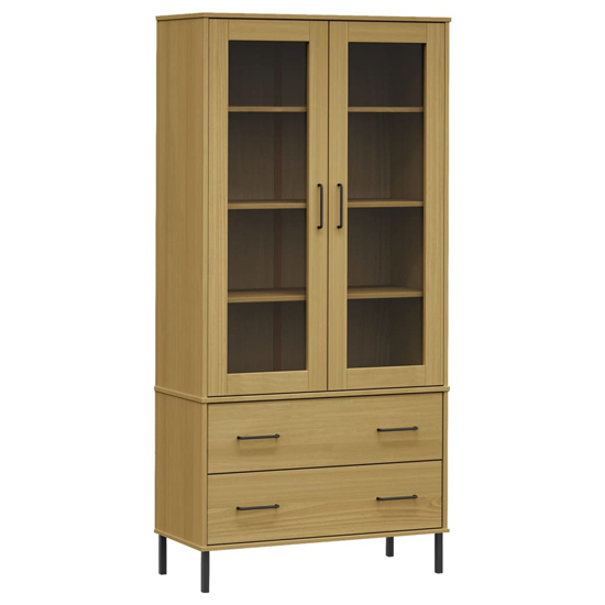 Helio Solid Wood Display Cabinet In Brown With Metal Legs