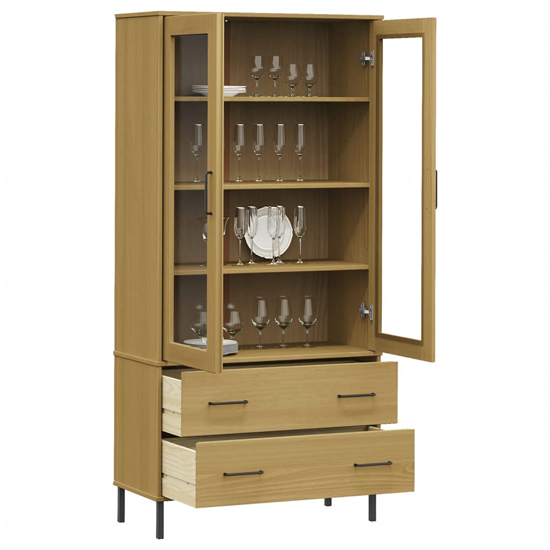 Helio Solid Wood Display Cabinet In Brown With Metal Legs