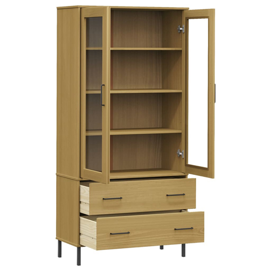 Helio Solid Wood Display Cabinet In Brown With Metal Legs