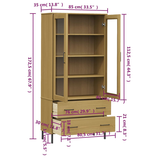 Helio Solid Wood Display Cabinet In Brown With Metal Legs