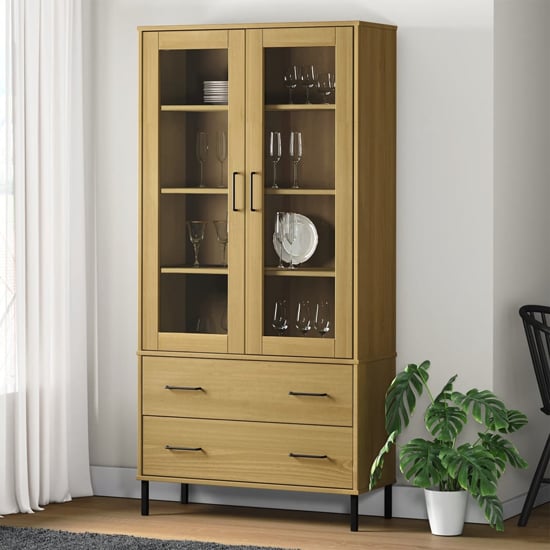 Product photograph of Helio Solid Wood Display Cabinet In Brown With Metal Legs from Furniture in Fashion