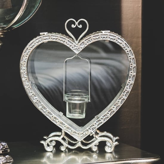 Product photograph of Hellene Free Standing Heart Tealight Lantern In Antique Silver from Furniture in Fashion