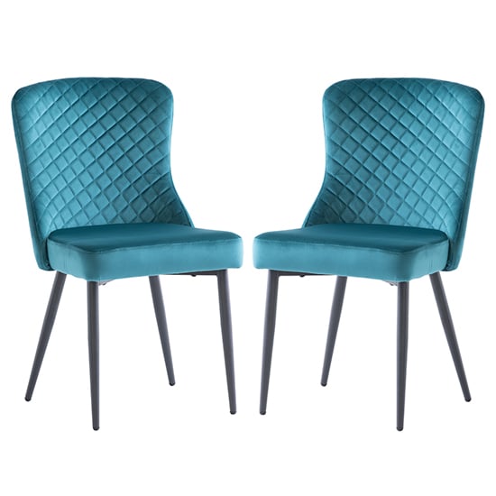 Helmi Peacock Velvet Dining Chairs With Black Legs In Pair
