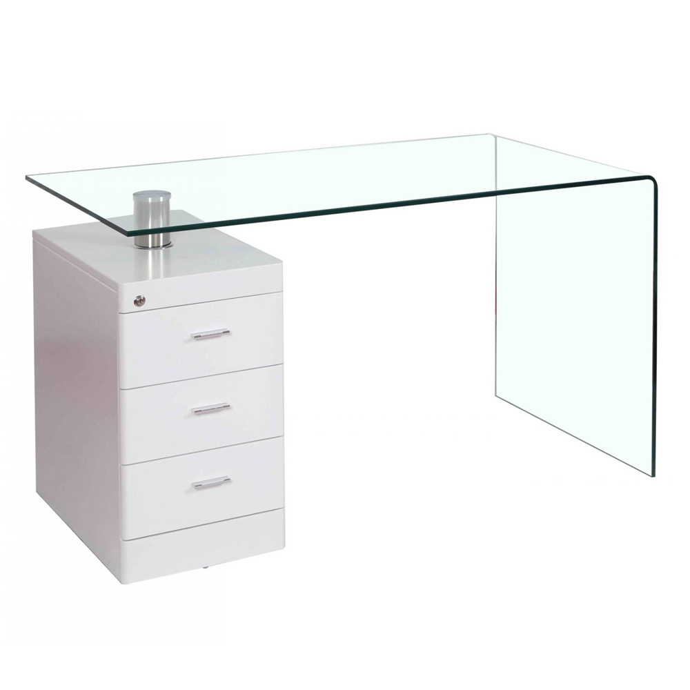 Helotes Clear Glass Laptop Desk With 3 White Gloss Drawers