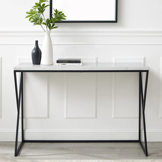 Helsinki White Marble Effect Console Table With Black Frame Furniture