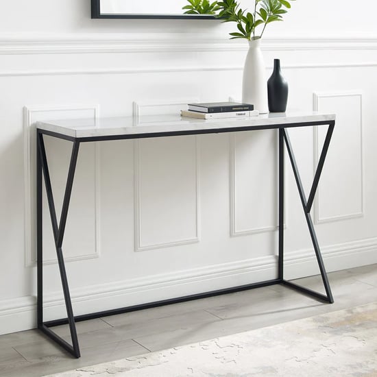 Product photograph of Helsinki White Marble Effect Console Table With Black Frame from Furniture in Fashion