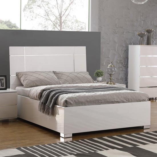 Hawise Wooden Double Bed In White High Gloss