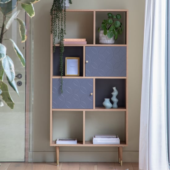 Product photograph of Helston Wooden Display Cabinet With 2 Doors In Oak And Grey from Furniture in Fashion