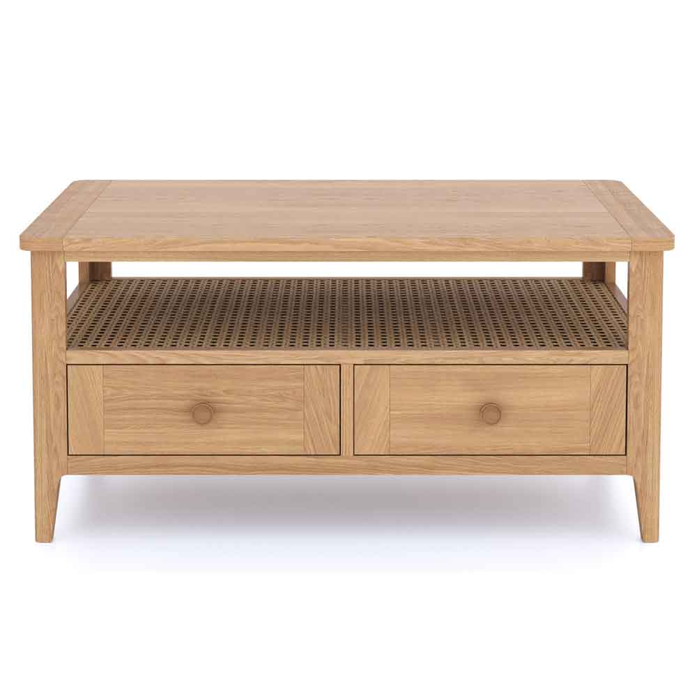 Helvane Solid Wood Coffee Table with 2 Drawers in Oak