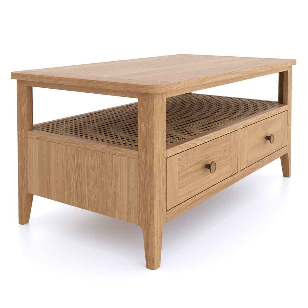 Helvane Solid Wood Coffee Table with 2 Drawers in Oak
