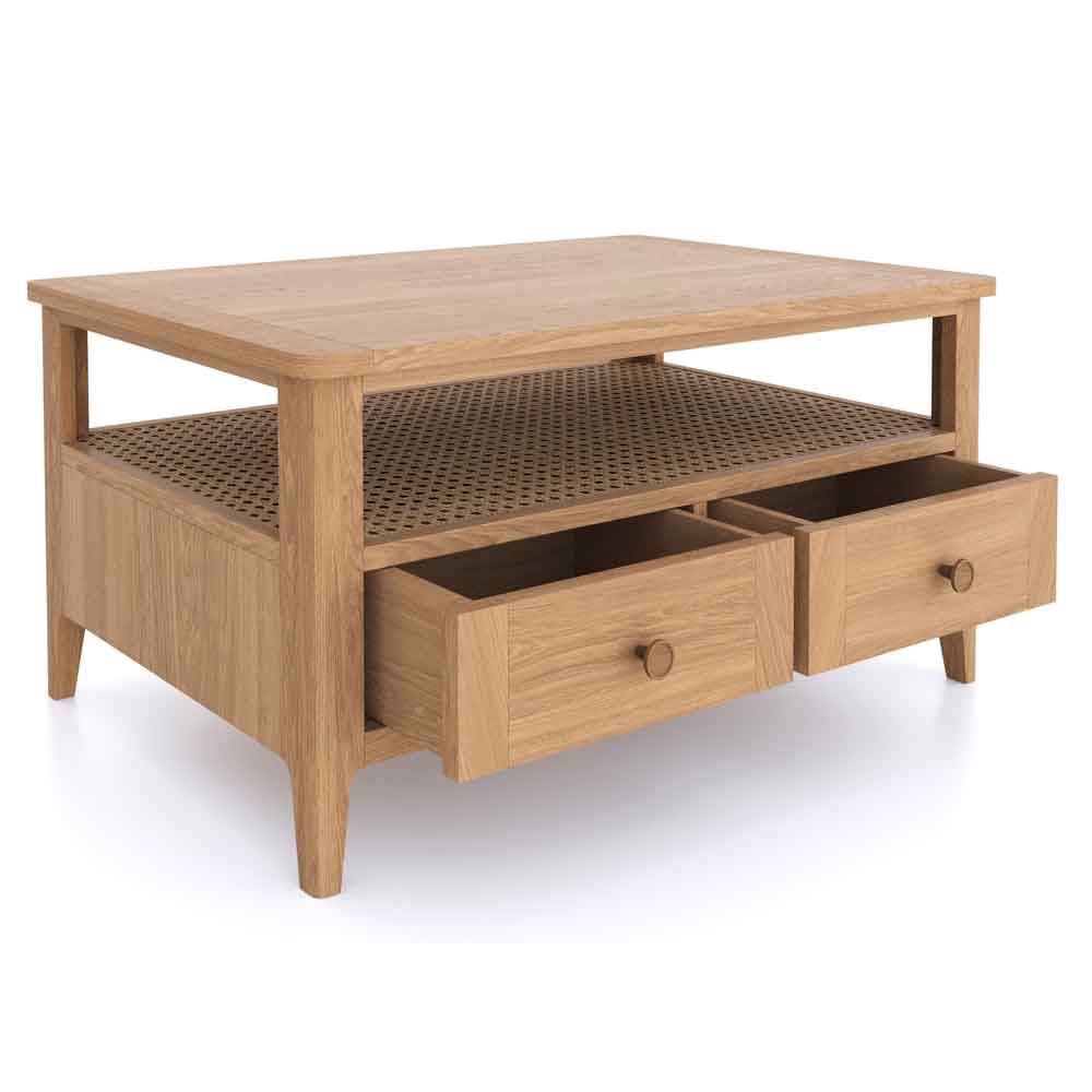 Helvane Solid Wood Coffee Table with 2 Drawers in Oak
