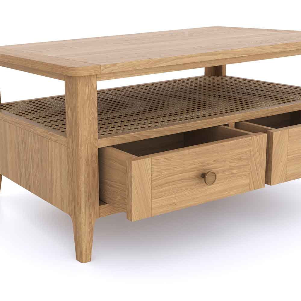 Helvane Solid Wood Coffee Table with 2 Drawers in Oak