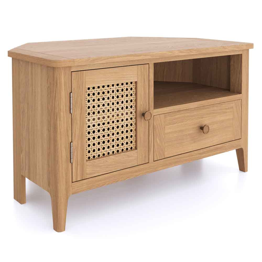 Helvane Solid Wood Corner TV Stand with 1 Door 1 Drawer in Oak