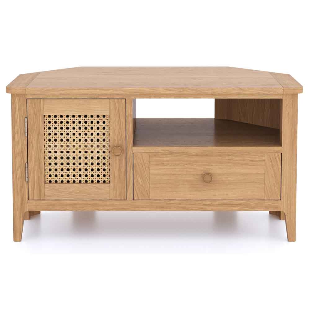 Helvane Solid Wood Corner TV Stand with 1 Door 1 Drawer in Oak