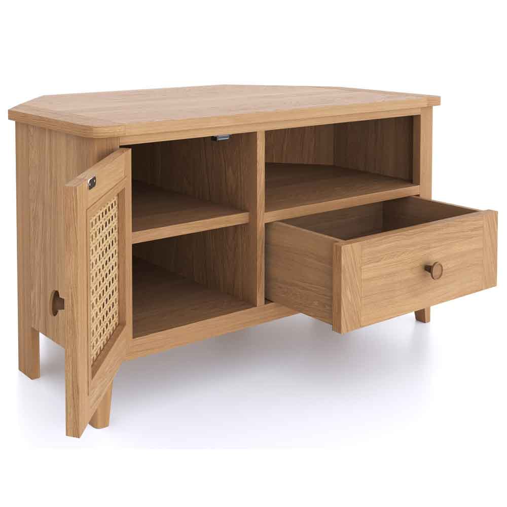 Helvane Solid Wood Corner TV Stand with 1 Door 1 Drawer in Oak