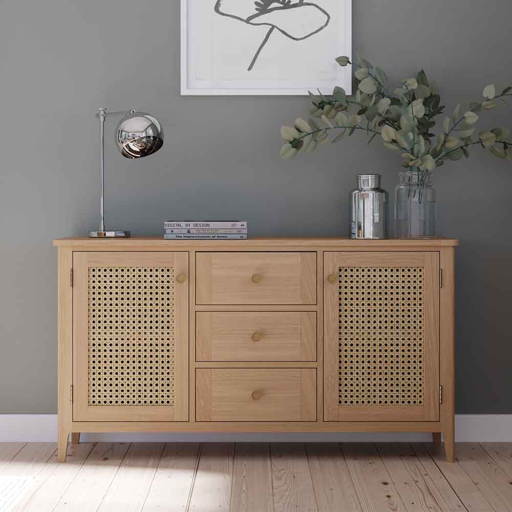 Helvane Solid Wood Sideboard with 2 Doors 3 Drawers in Oak