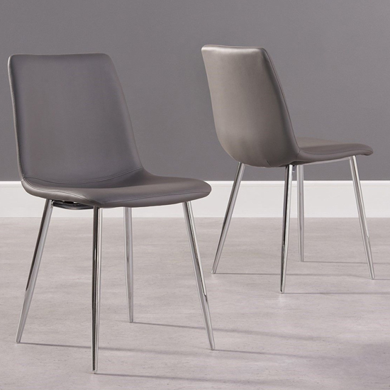 Hemlock Grey Leather Dining Chairs With Chrome Legs In A Pair