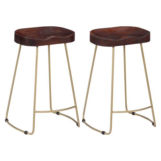 Photo of Henley 62cm walnut wooden bar stools with brass legs in a pair