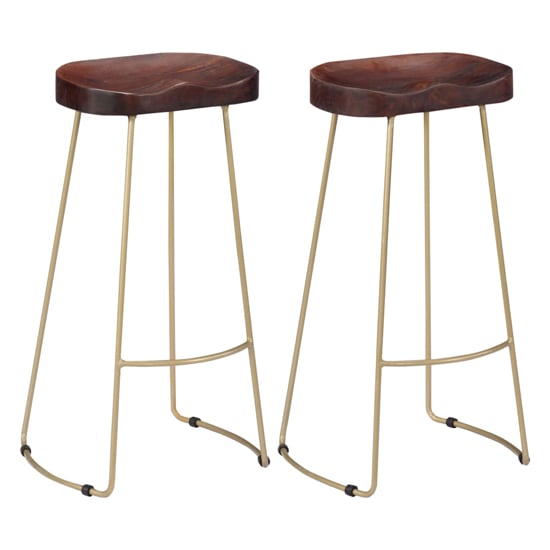 Product photograph of Henley 78cm Walnut Wooden Bar Stools With Brass Legs In A Pair from Furniture in Fashion