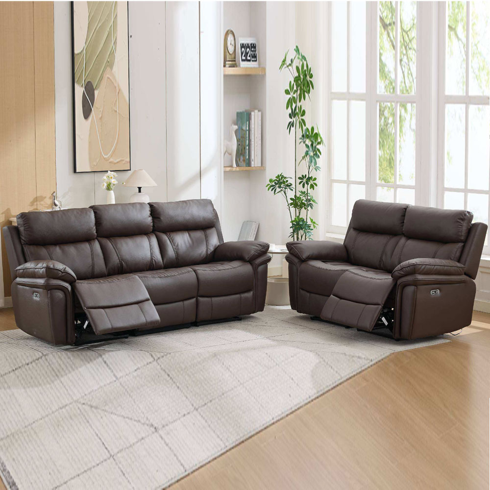 Henley Plush PU Electric Recliner 3+2 Seater Sofa Set in Espresso