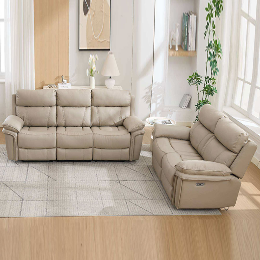 Henley Plush PU Electric Recliner 3+2 Seater Sofa Set in Fawn