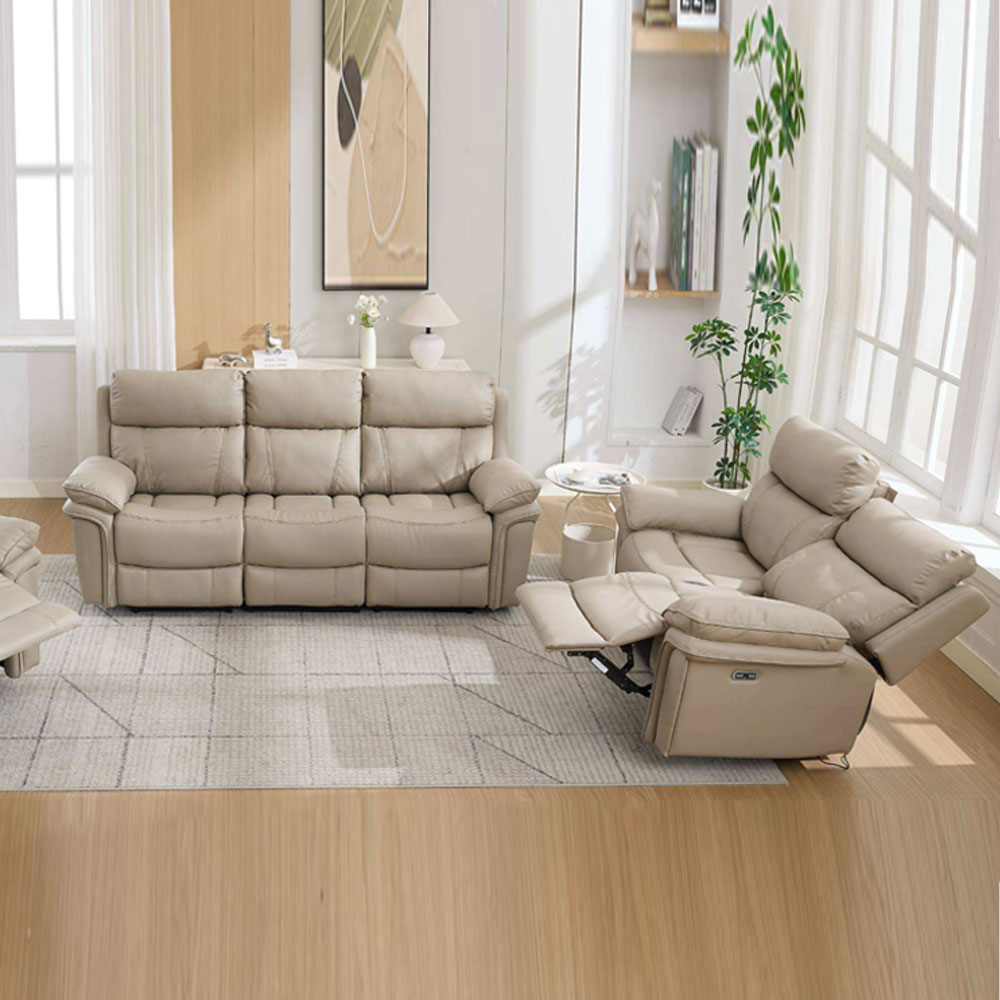 Henley Plush PU Electric Recliner 3+2 Seater Sofa Set in Fawn