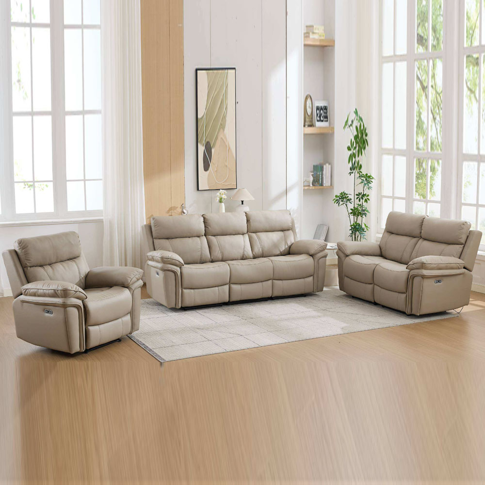 Henley Plush PU Electric Recliner Sofa Suite in Fawn