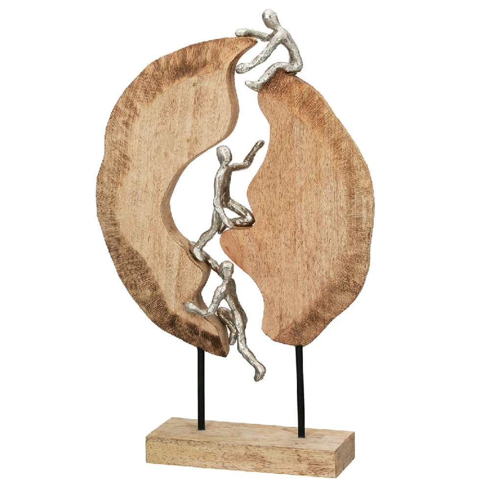 Henviro Mango Wood Climbing Figures Sculpture in Natural and Silver