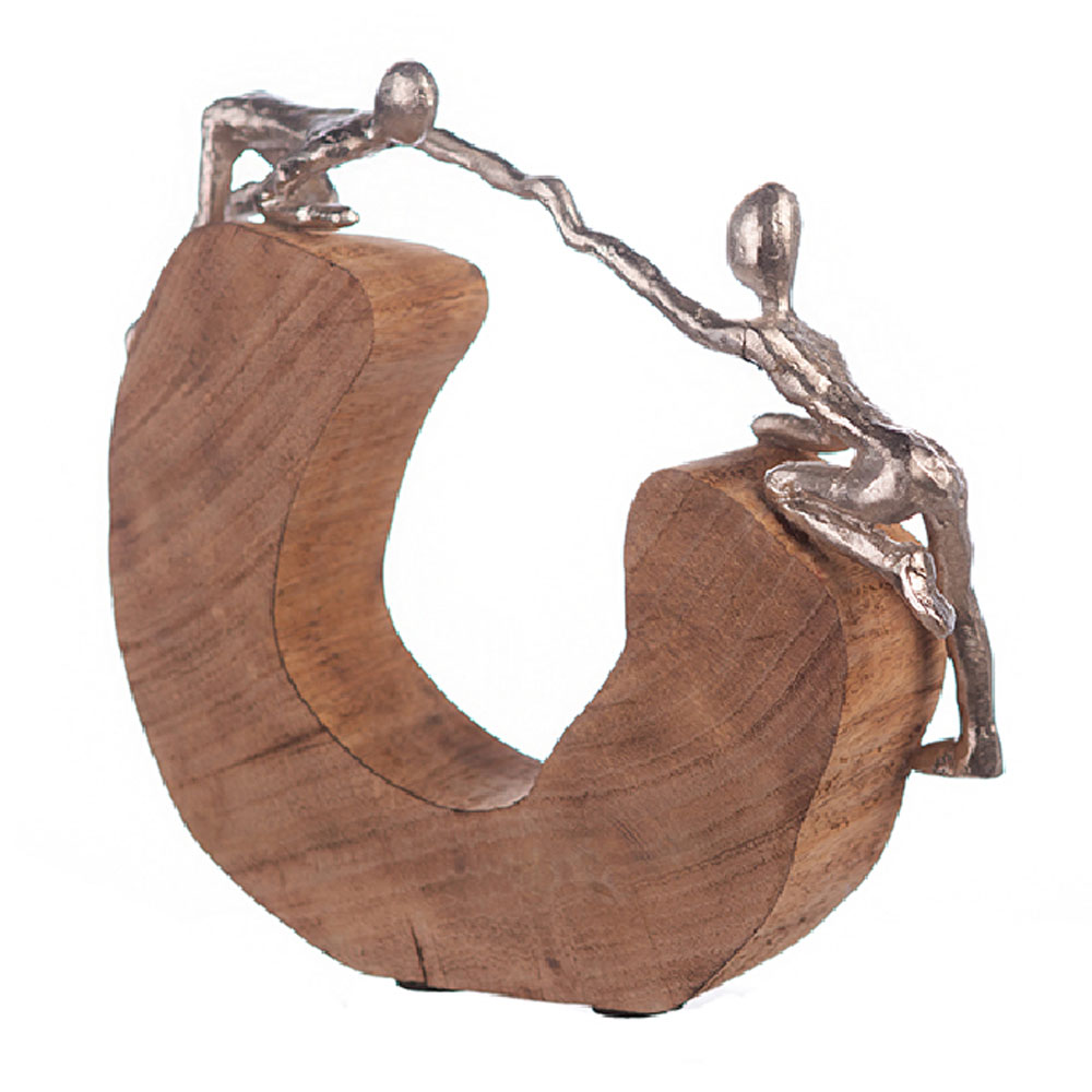 Henviro Mango Wood Couple Holding Sculpture in Natural and Silver