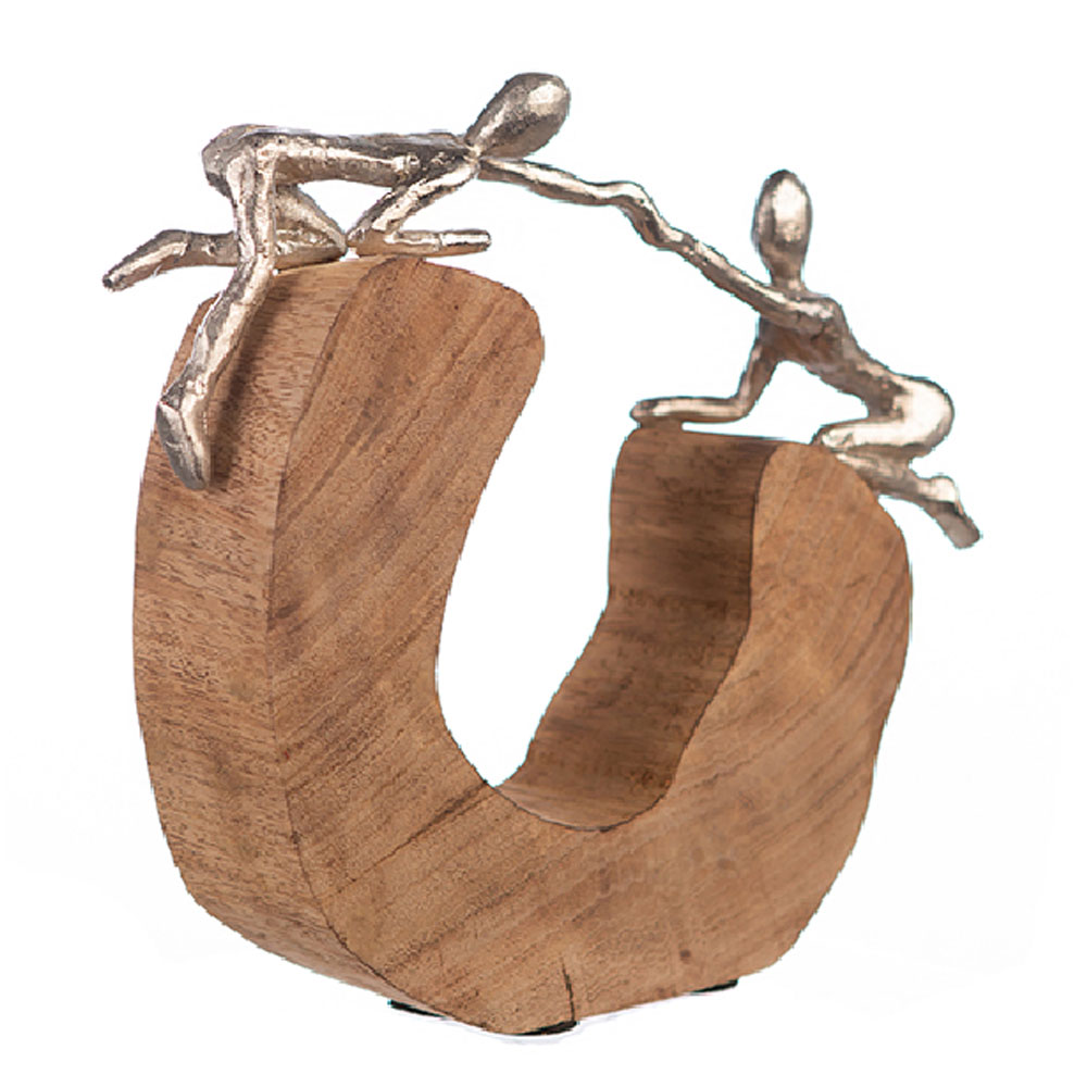 Henviro Mango Wood Couple Holding Sculpture in Natural and Silver