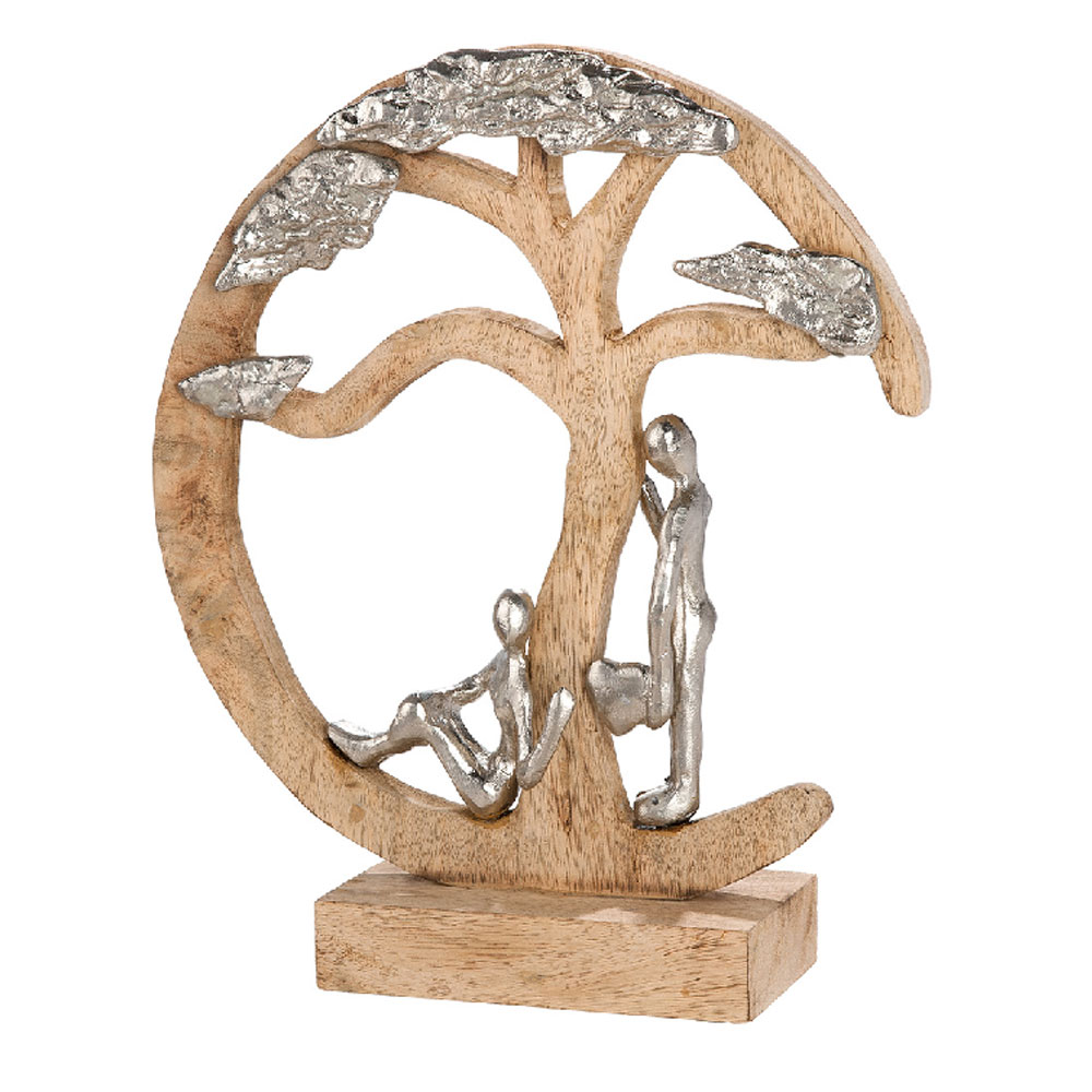 Henviro Mango Wood Couple Under A Tree Sculpture in Natural and Silver