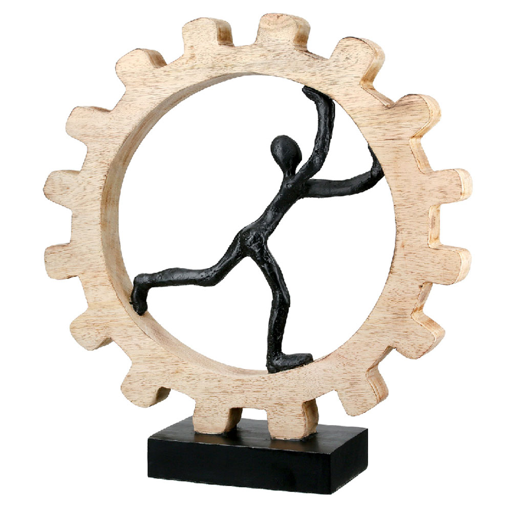 Henviro Mango Wood Gear Wheel Sculpture in Natural and Black