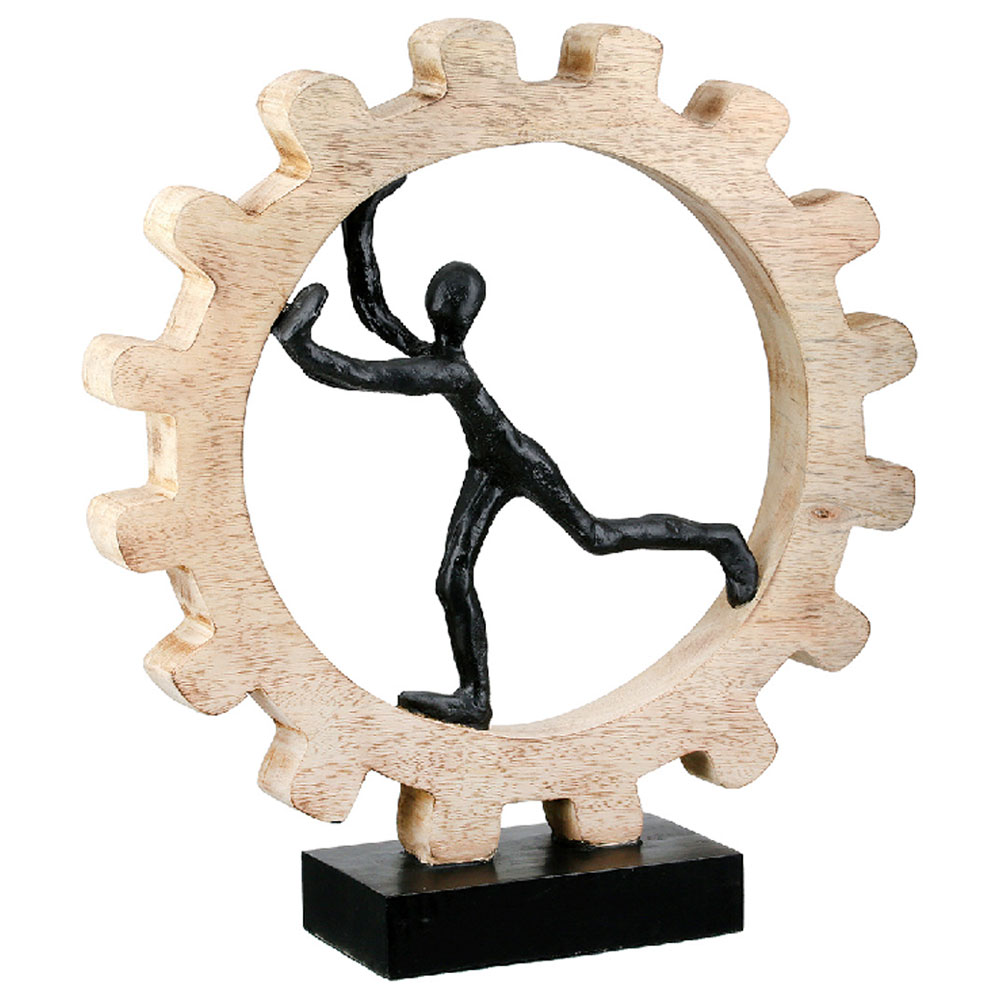 Henviro Mango Wood Gear Wheel Sculpture in Natural and Black