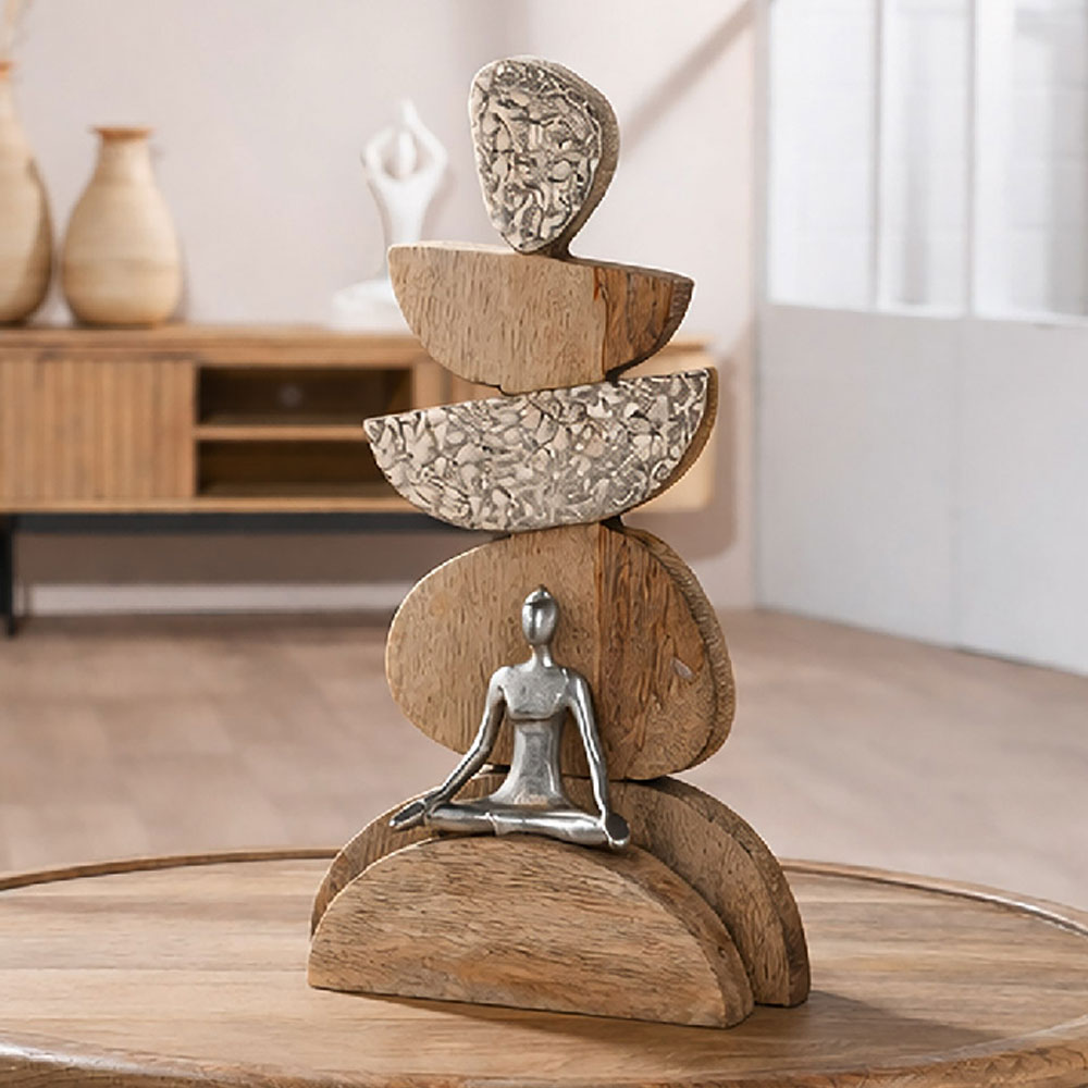 Henviro Mango Wood Stone Dome Sculpture in Natural and Silver