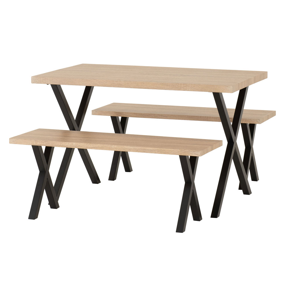 Henvrio Wooden Dining Table with 2 Benches in Light Oak and Black