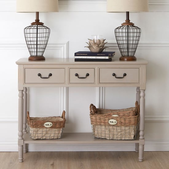 Product photograph of Heritox Wooden 3 Drawers Console Table In Vintage Grey from Furniture in Fashion