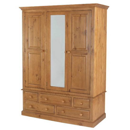 Photo of Herndon wooden triple door wardrobe in lacquered with mirror