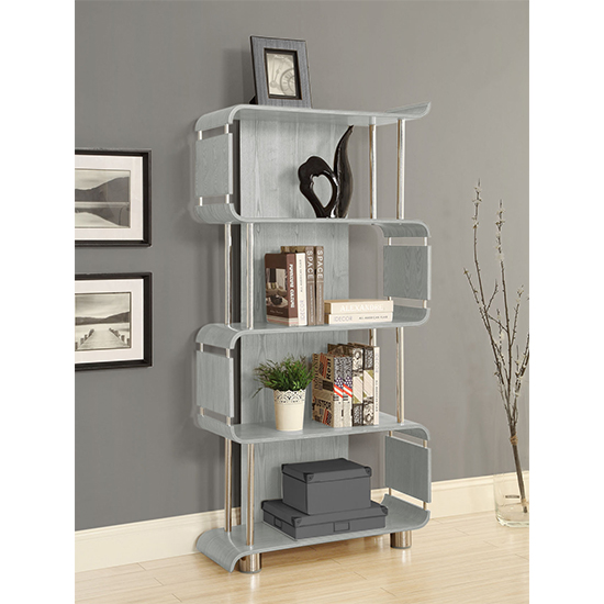 Herning Wooden Bookshelf In Real Grey Veneer With Chrome Tubes