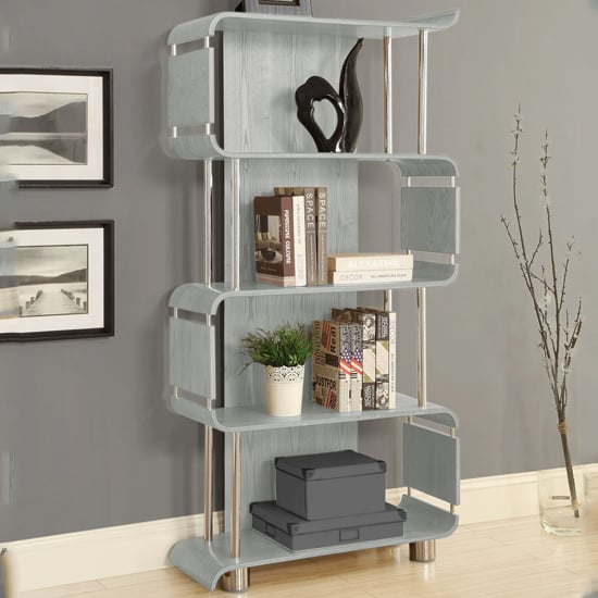 Product photograph of Herning Wooden Bookshelf In Real Grey Veneer With Chrome Tubes from Furniture in Fashion