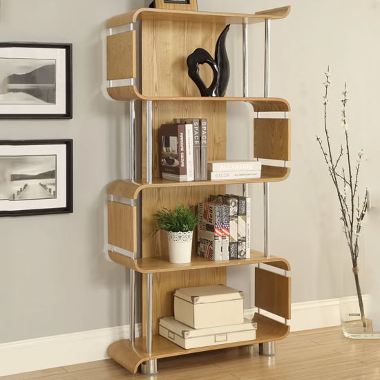 Herning Wooden Bookshelf In Real Oak Veneer With Chrome Tubes