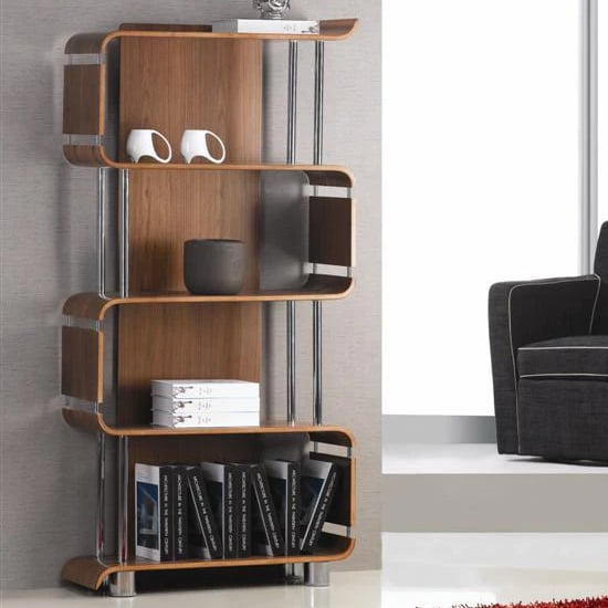 Photo of Herning wooden bookshelf in real walnut veneer with chrome tubes