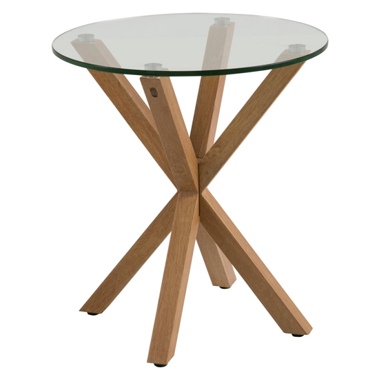 Read more about Herriman round clear glass side table with oak legs